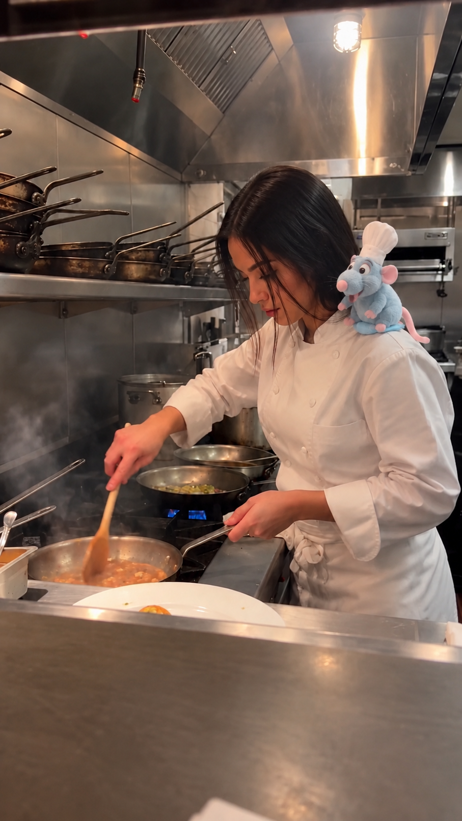 Chef cooking with ShoulderChef on her shoulder